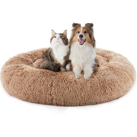 GIANNA Calming Donut Dog & Cat Bed, Machine Washable Cozy Fluffy Faux Fur Plush Round Dog Bed, Anti-Anxiety, Waterproof, Anti-Slip, 24 Inch, Brown