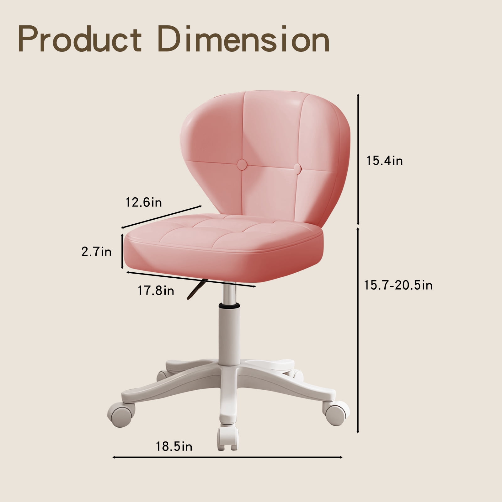 Vanity Chair with Back – Small Armless Office Chair with Wheels, Lumbar Support, PU Leather, Adjustable Height, 360° Swivel for Home, Bedroom, Office Pink