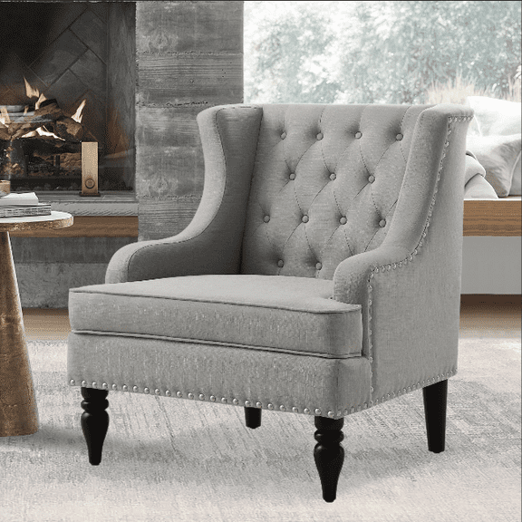 BSHTI Cushioned Accent Chair with Vintage Rivets Finish, Footrest Chair Set with Solid Wood Legs and Ergonomic Backrest, Button Tufted Upholstered Armchair for Livingroom