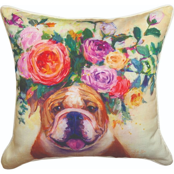 Manual Weavers 18" Square Polyester Pillow with Dogs in Bloom Bulldog Design