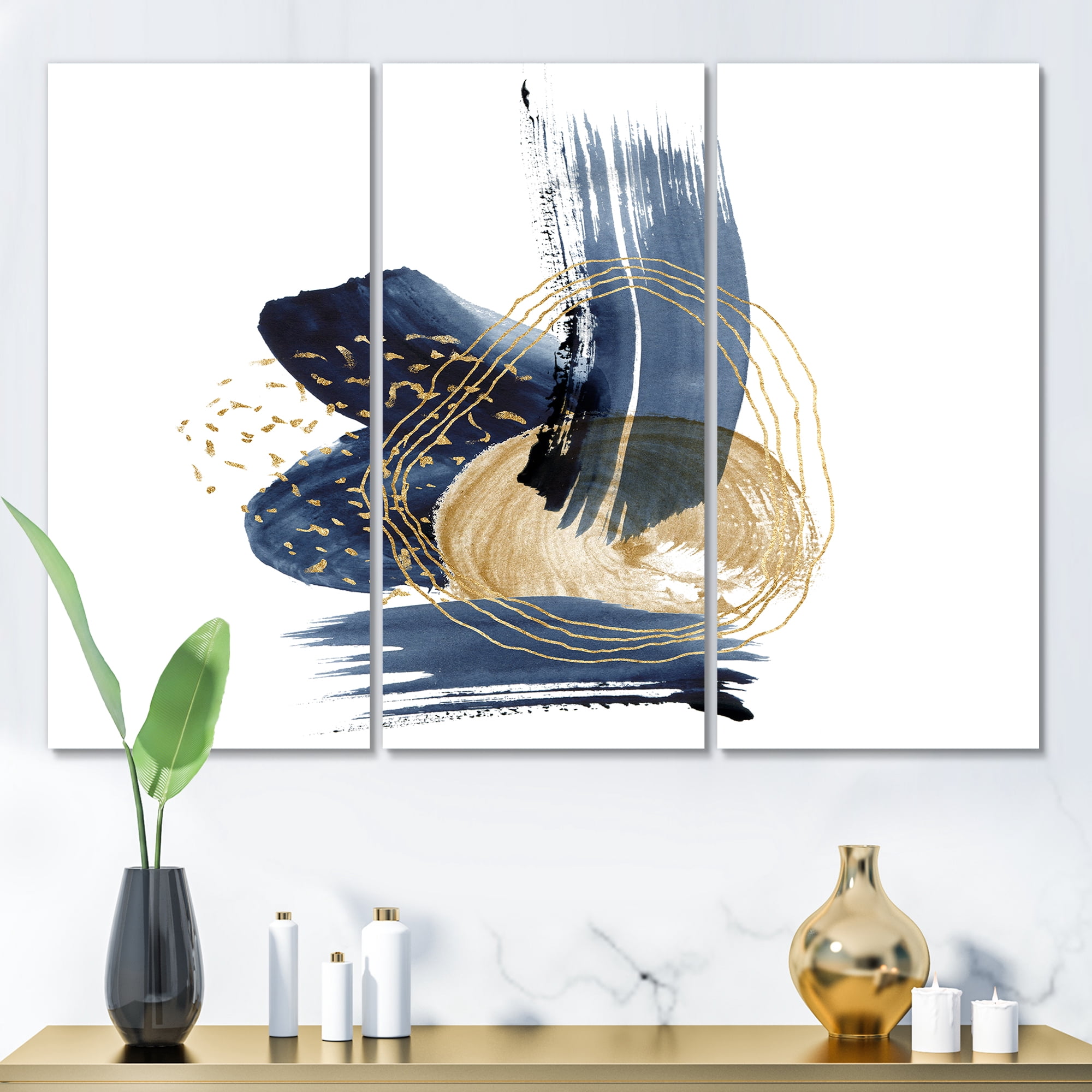 Gold Strokes and Landscape of Dark Blue Mountains II 28 in x 36 in Painting Canvas Art Print, by Designart