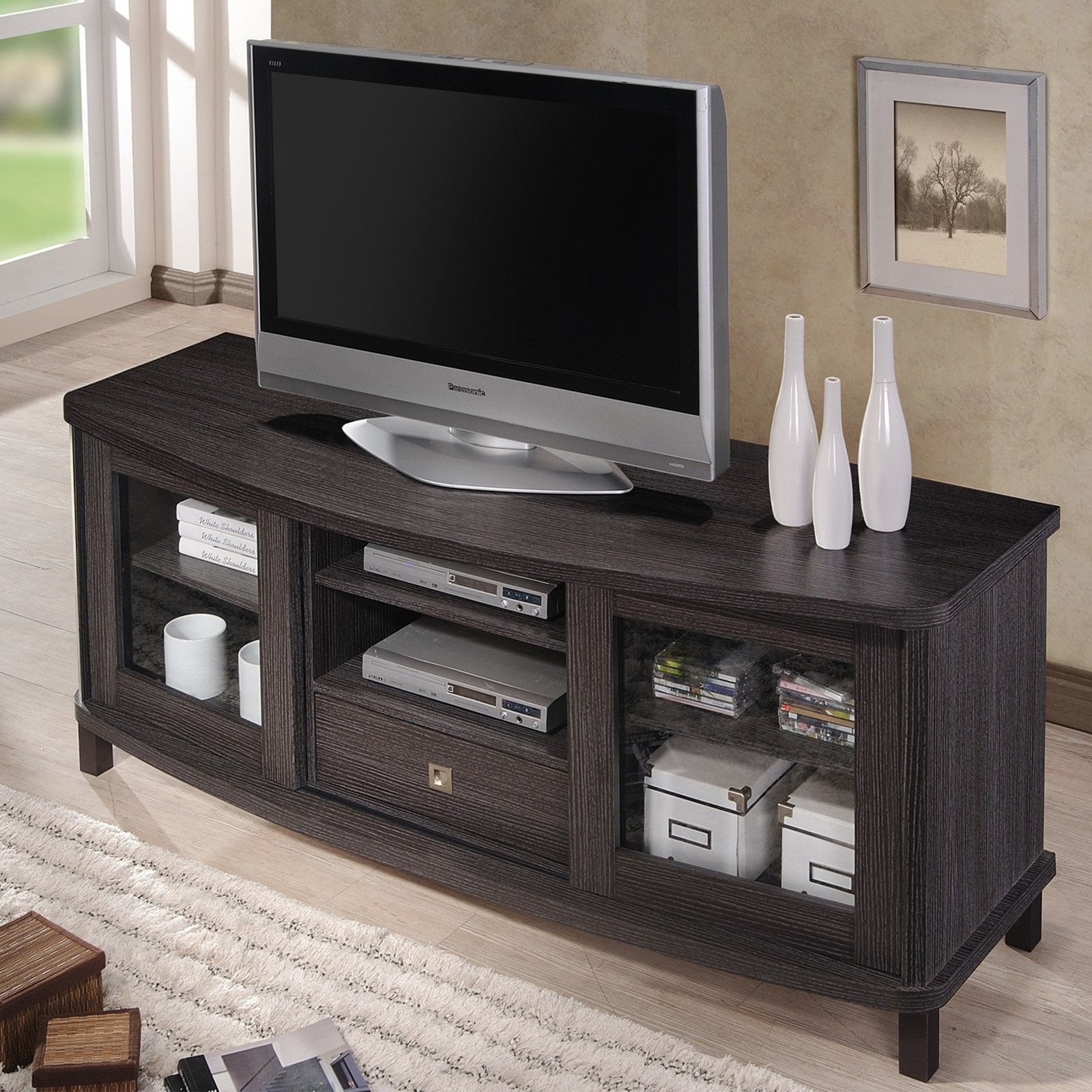 Walda 60Inch Dark Brown Wood TV with 2 Sliding Doors and 1