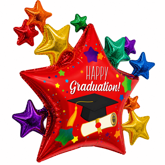 LoonBalloon 36 Inch Graduation Multi-Stars & Dots Balloon Medium Size Premium Foil Grad Theme Balloon