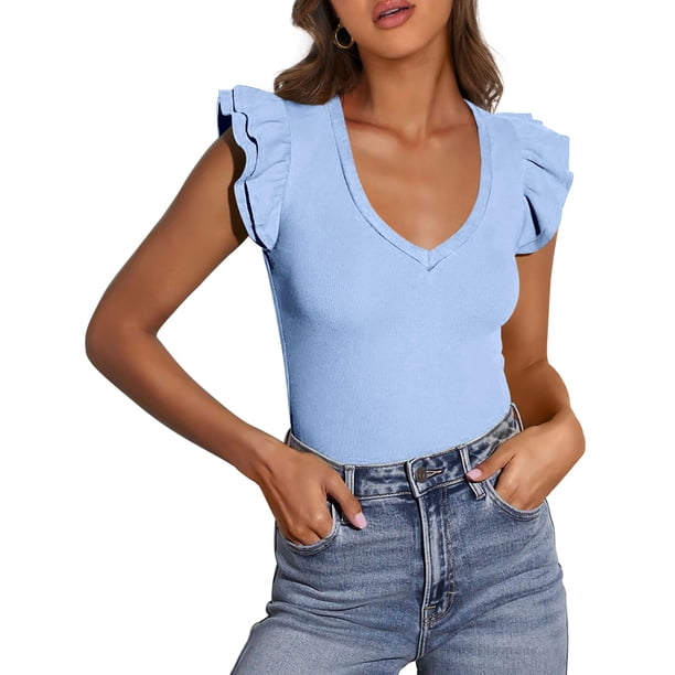 Remera PRETTYGARDEN Mujer Cuello en V Sin Mangas con Volados XL Celeste