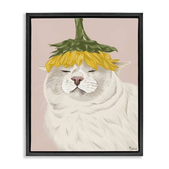 Stupell Industries Cat with Daisy on Head Animals & Insects Painting Black Floater Framed Canvas Art Print Wall Art, 17 x 21