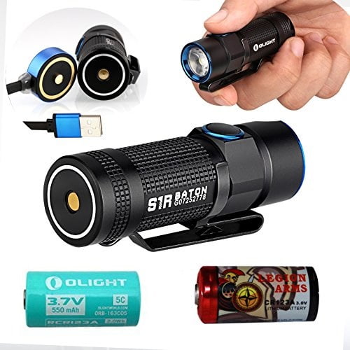Olight S1R Baton S1 rechargeable 900 Lumen LED Flashlight Compact EDC with  customized RCR123 Li-ion battery, flex magnetic USB charging cable and 