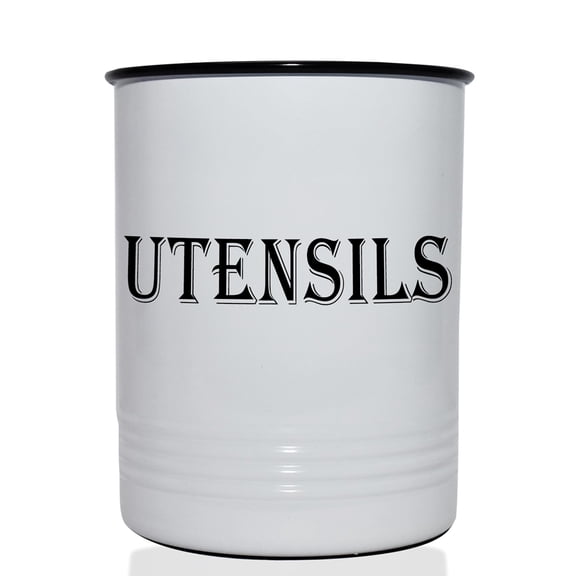 Vintage Farmhouse Utensil Holder - Stylish Countertop Organizer and Kitchen Decor Caddy - Stainless Steel Rim - White