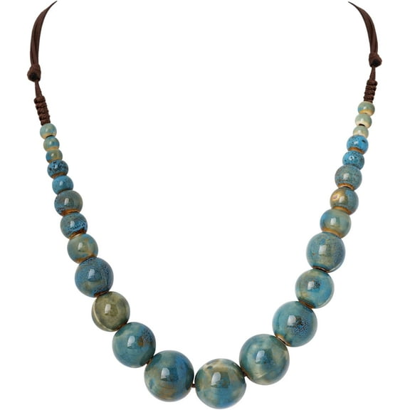 Blue Ceramic Round Bead Necklace, Retro Boho Long Necklace for Women