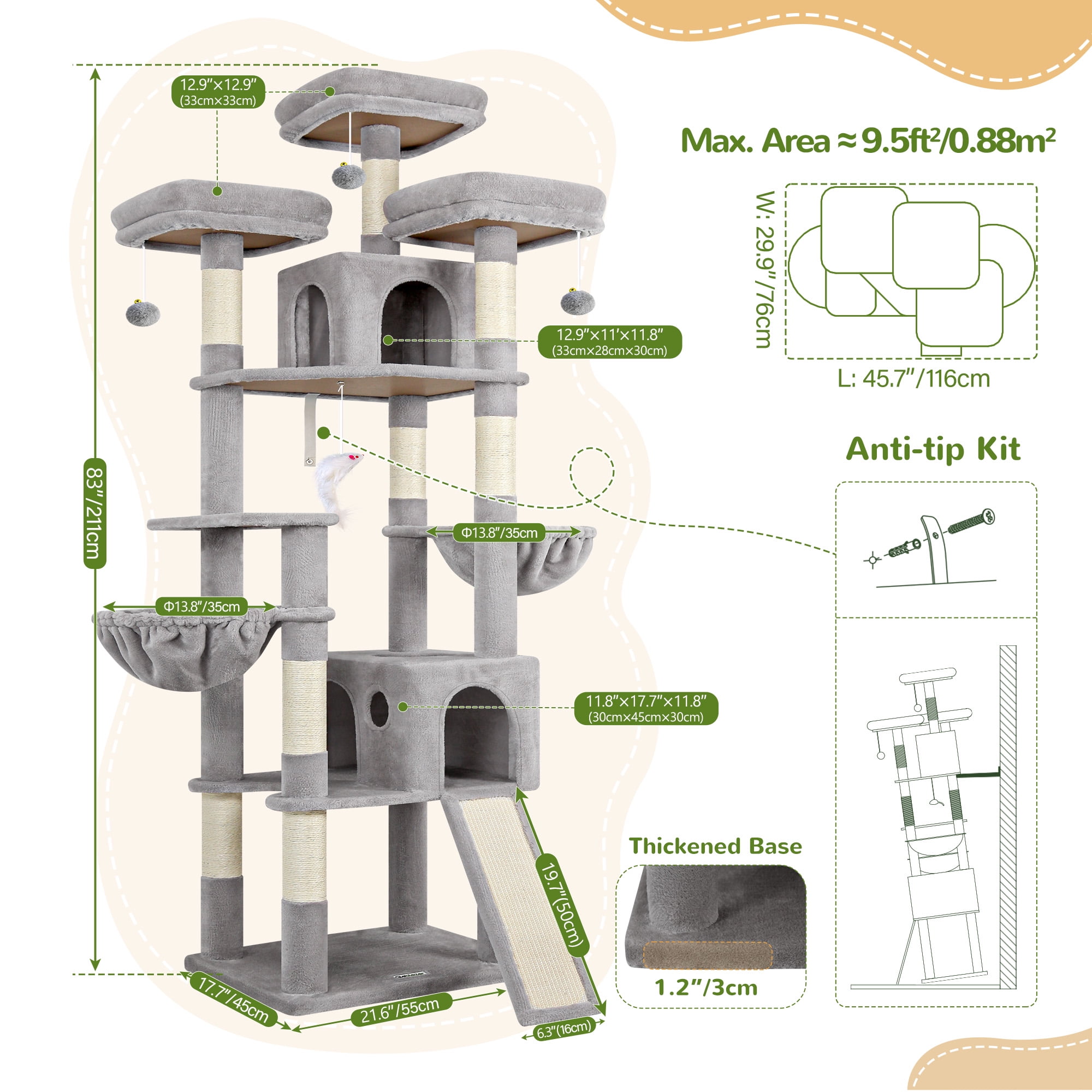 Globlazer 83'' Multi-Level Large Cat Tree Tower for Indoor Cats with Sisal Scratching Post, Hammock & 2 Condos,Light Gray Globlazer 83'' Multi-Level Large Cat Tree Tower for Indoor Cats with Sisal Scratching Post, Hammock & 2 Condos,Light Gray - Image 4