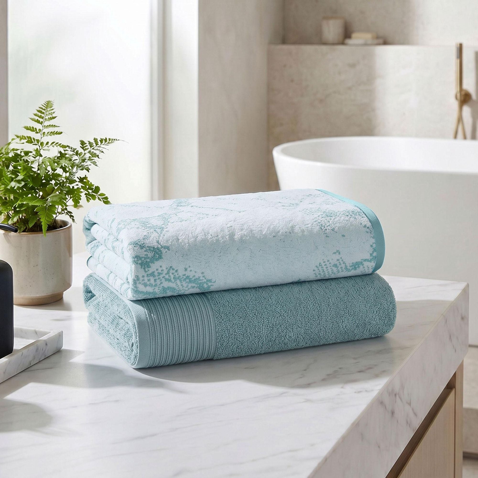 Superior Marble and Solid Jacquard Oversized Cotton Bath Sheets, 2-Pack, Cyan