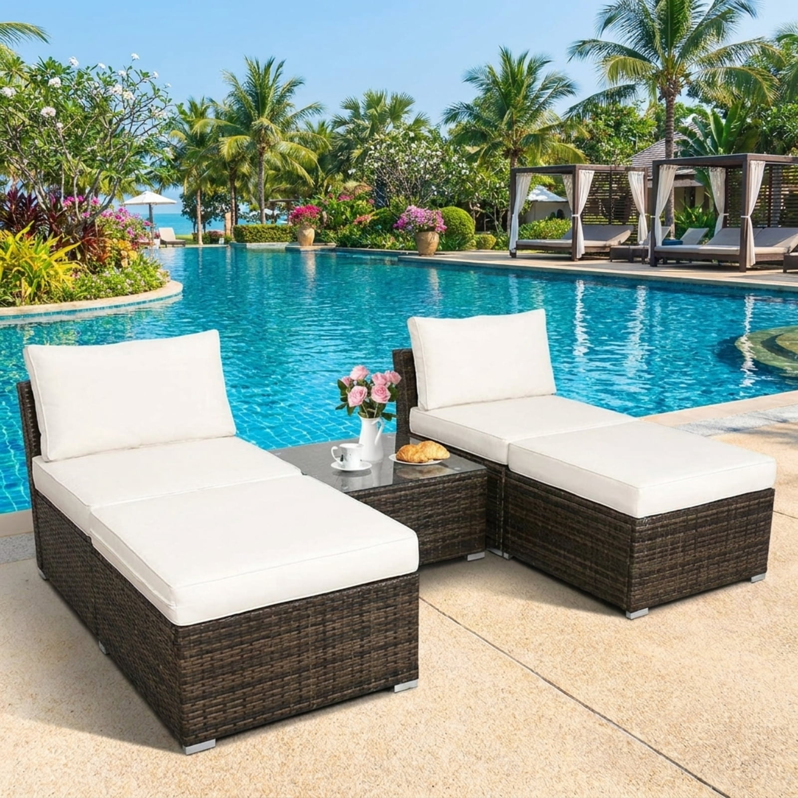 Biotree Patio Furniture Set 5 Piece Rattan outdoor sectional with cushioned armless sofa ottoman and coffee table outdoor conversation set for garden backyard porch, White