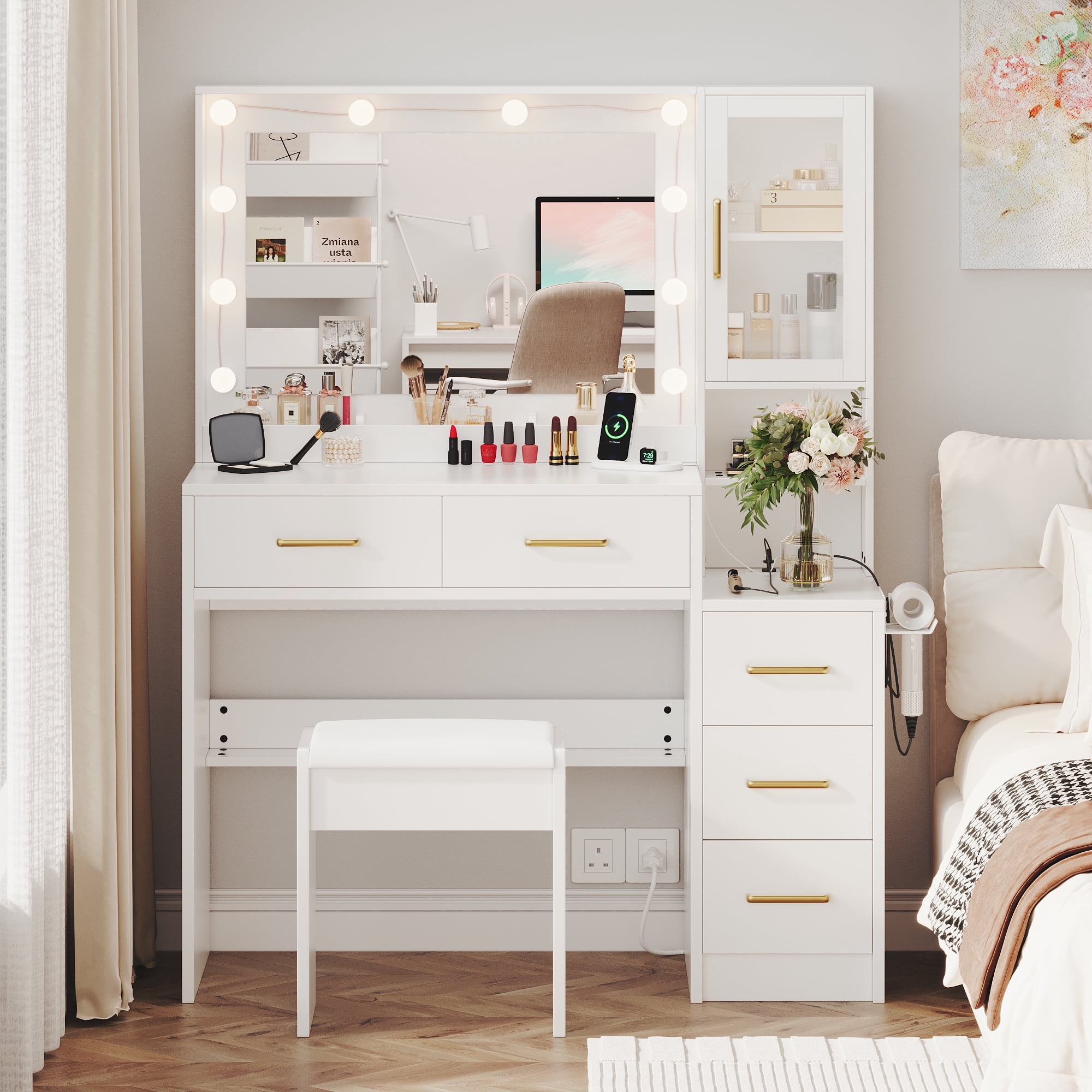 UGTOO 35.4" White Makeup Vanity Desk with LED Mirror, Solid Wood Frame, 5-Drawer Dressing Table, Gold Handles