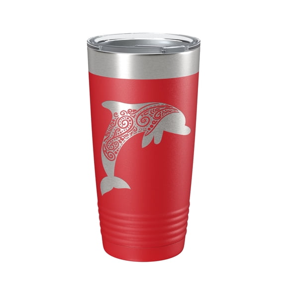 Dolphin Zentangle Tumbler Travel Mug Insulated Laser Engraved Coffee Cup Dolphin Mandala Gift Pattern Design 20 oz Red