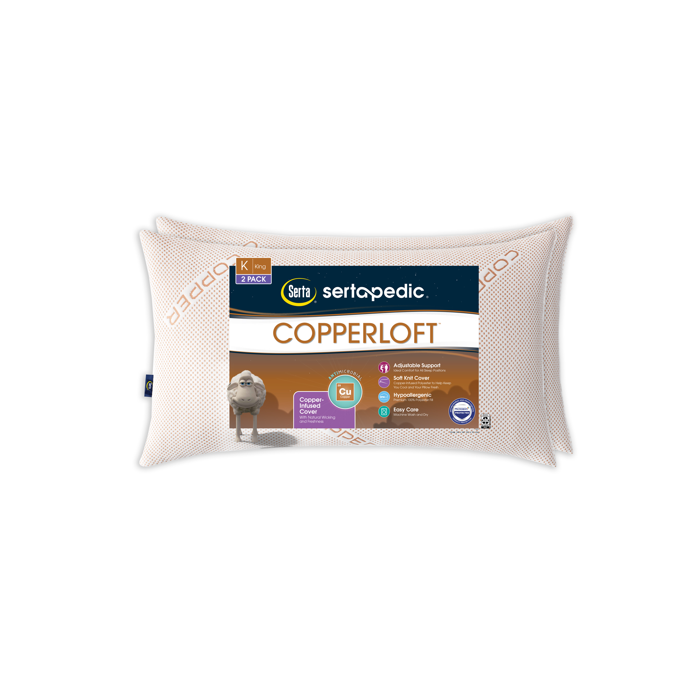 Sertapedic Copperloft King Bed Pillow, 2 Pack, Hypoallergenic