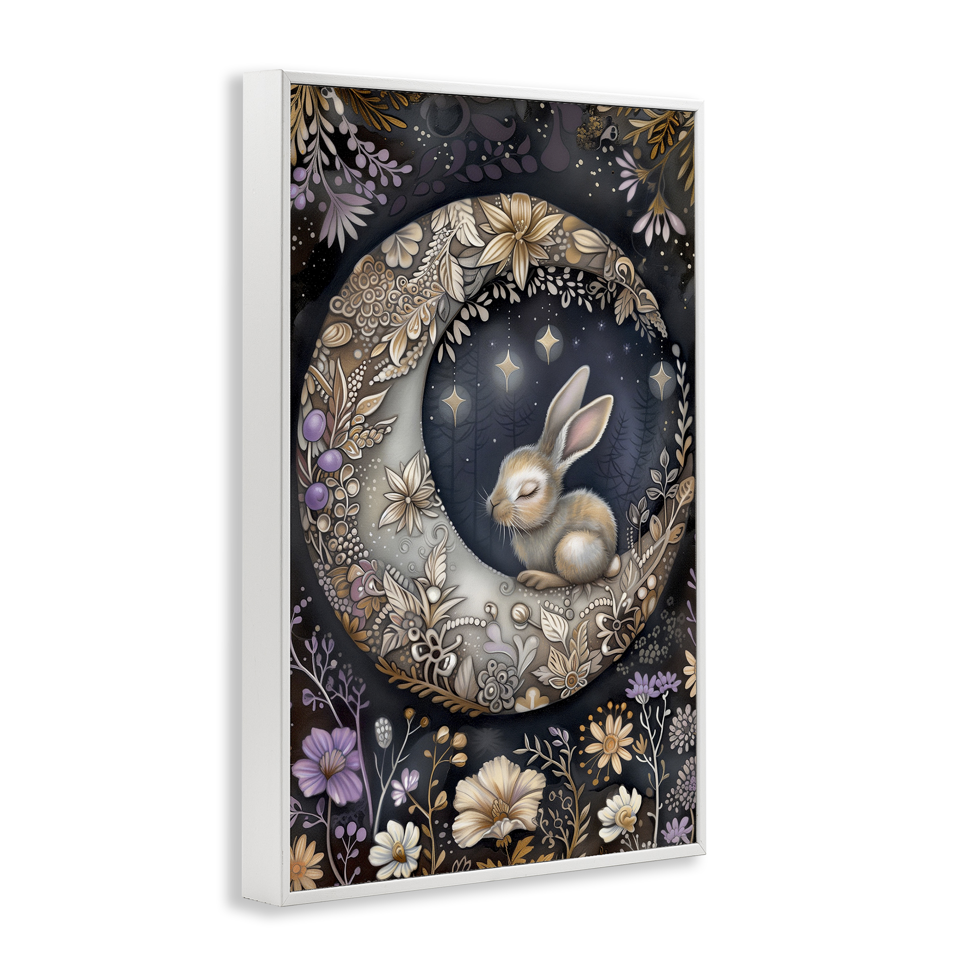 Stupell Industries Rabbit Sleeping on Moon Animals & Insects Painting White Framed Art Print Wall Art, 20 x 30
