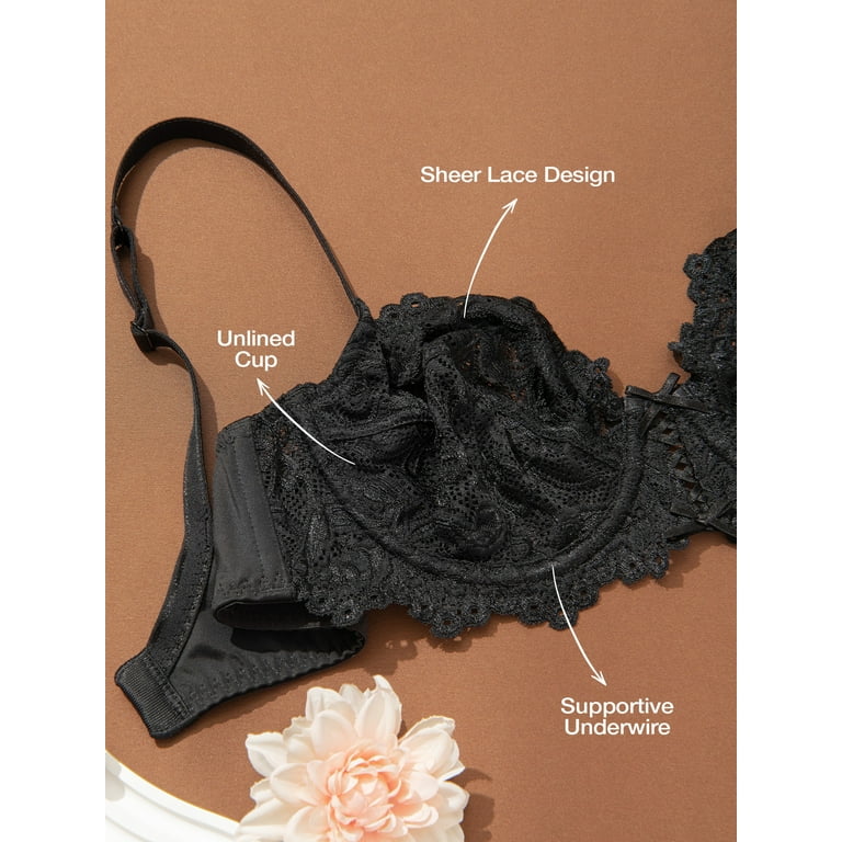 Deyllo Women's Non Padded Sheer Lace Bra Unlined Plus Size Underwire Bra,  Black 42DDD 