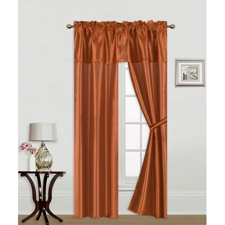 - Knight Orange 5-Piece Rod Pocket Faux Silk Light Softly Filtering Window Panel Set, 2 Panels, 1 Attached Valance and 2 Tie Backs 54