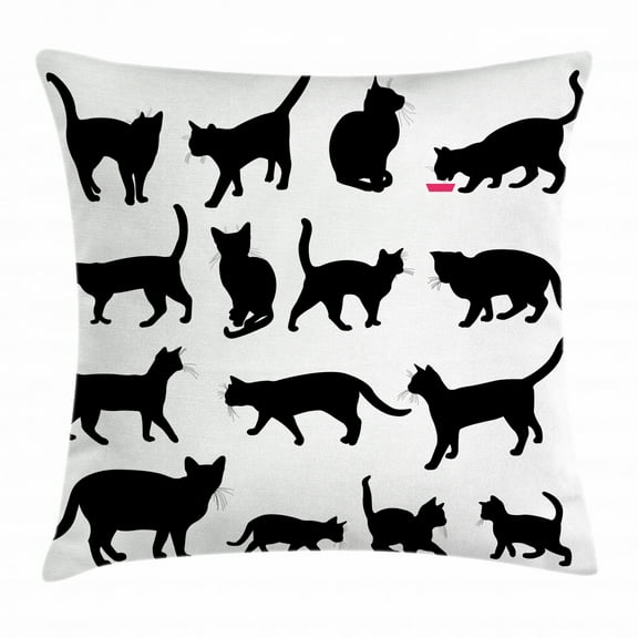 Cat Throw Pillow Cushion Cover, Black Cat Silhouettes in Different Poses Domestic Pets Kitty Paws Tail and Whiskers, Decorative Square Accent Pillow Case, 20 X 20 Inches, Black White, by Ambesonne