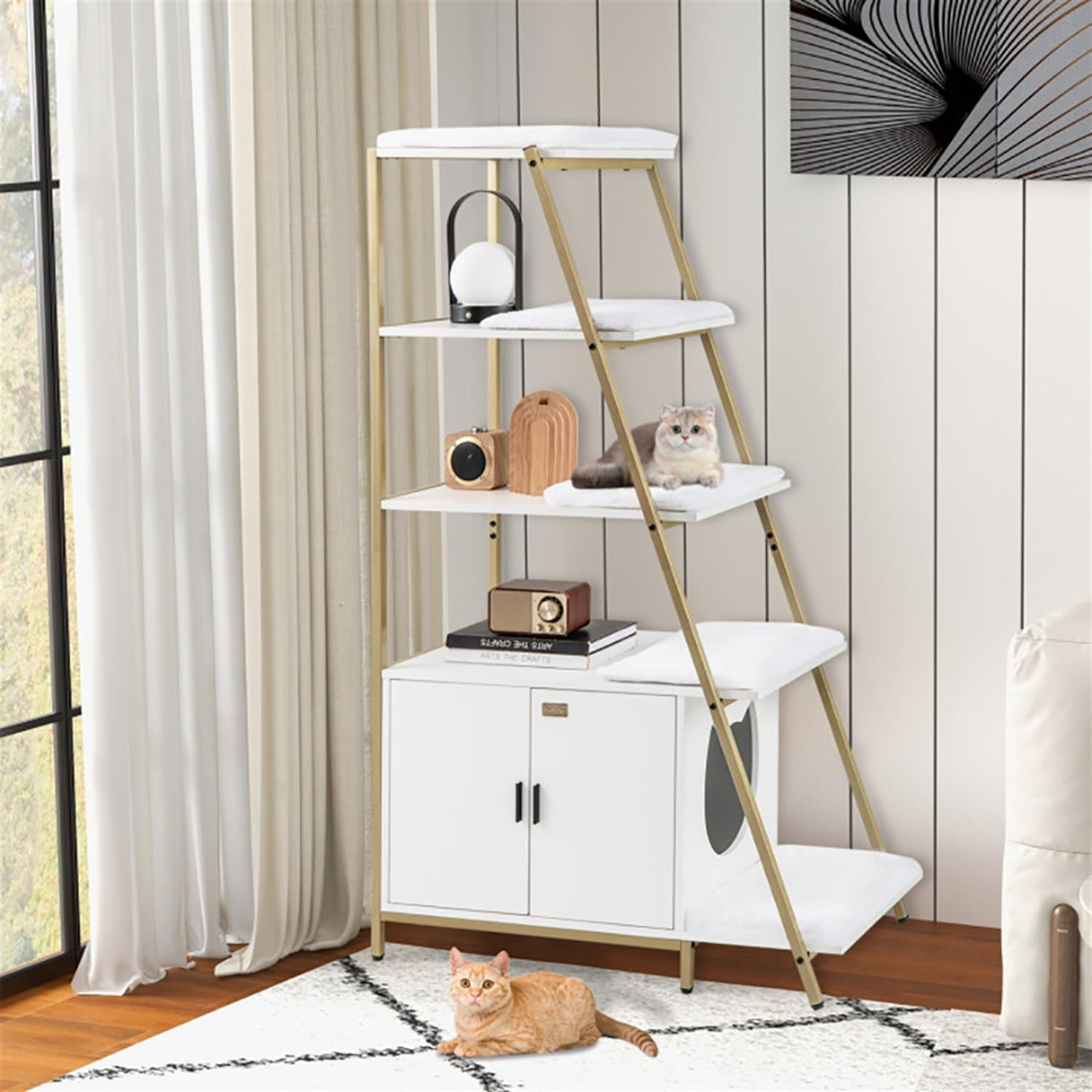 Kadyn Large Cat Litter Box Enclosure with Storage and Ladder Shelf, Hidden Litter Box for Cats, Cat House Furniture for Side Table or Nightstand, White
