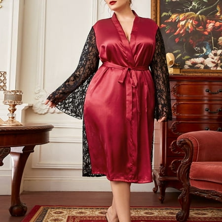 

ALSLIAO Plus Size Sexy Lingerie Women Ice Silk Lace Robe Dress Nightgown Kimono Pajamas Red 5XL