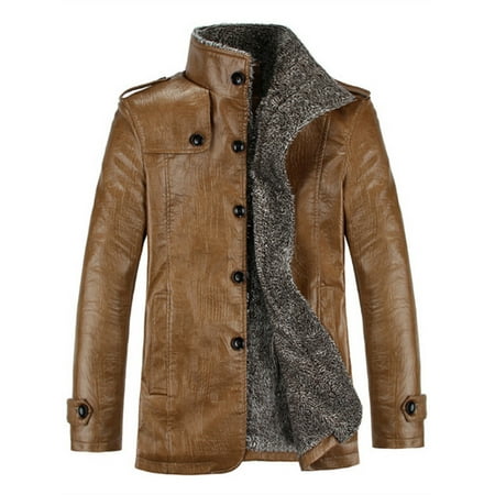 Button Belted Trench - Men's Thick PU Leather Button Winter Fashion Trench Coats