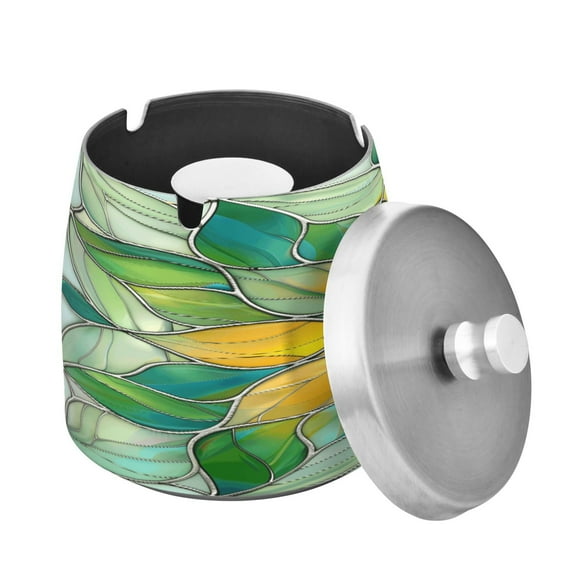 Outdoor Ashtray with Lid for Cigarette Stainless Steel Smokeless Ash Tray for Patio Home Table Decor Abstract Yellow Green Floral Stained Glass