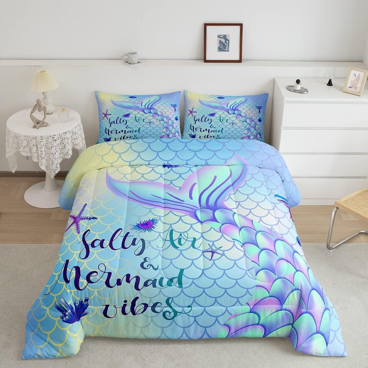 Cute Mermaid Tail Comforter Set Girly Rainbow Gradient Bedding Kids ...