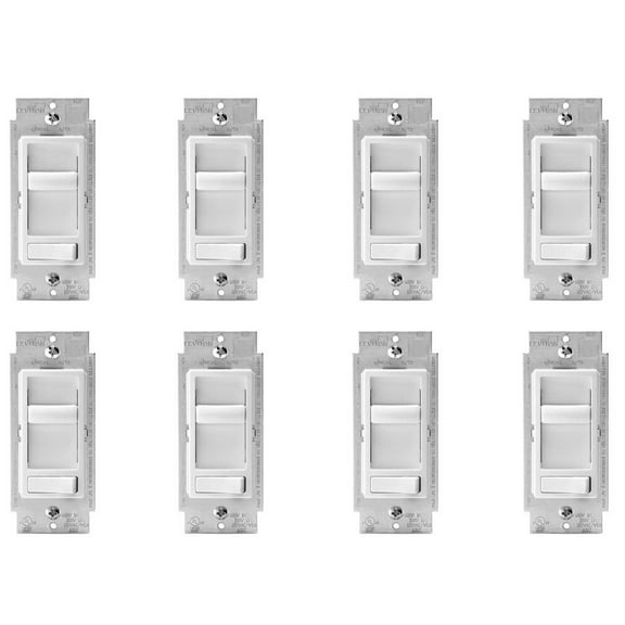 Leviton 6674-P0W SureSlide Universal 150-Watt LED and CFL/600-Watt Incandescent Dimmer, White, 8 Pack