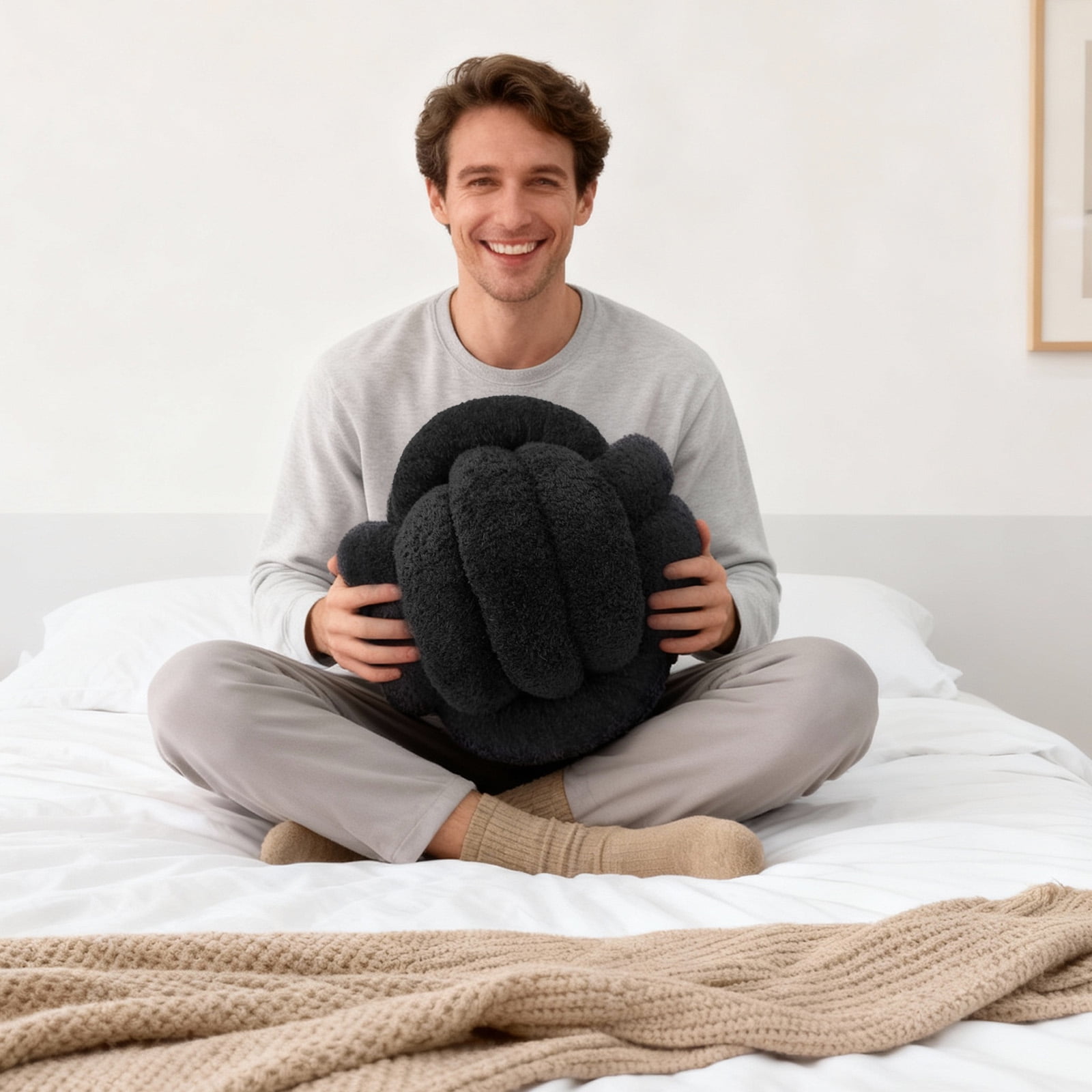 Knot Pillow Ball Plush - Decorative Throw Pillows for Bed Stress Relief, Round Knot Cushion for Sofa Decor Pet Toy, Grey 12 Inch