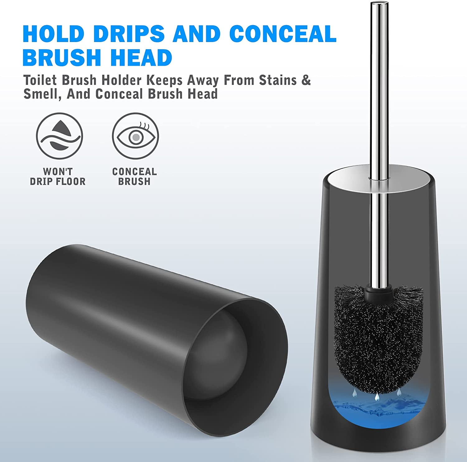 Toilet Brush and Holder, 2 Pack Toilet Brush with 304 Stainless Steel Long Handle, Toilet Bowl Brush for Bathroom Toilet-Ergonomic, Elegant,Durable (Black)