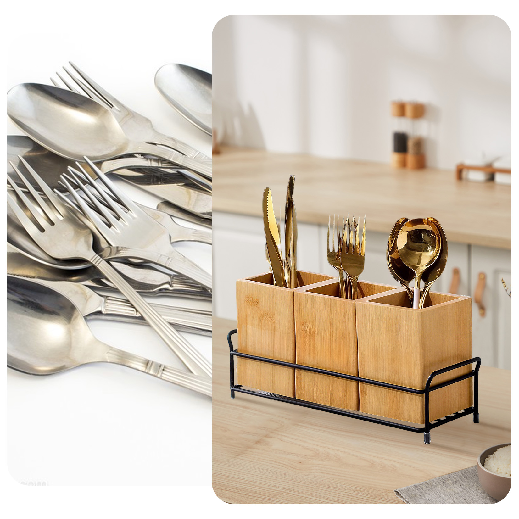 Flatware Caddy Fork Spoon Knife Organizer, Bamboo Utensil Holder, Wood Cutlery Holder Silverware Caddy with 3 Detachable Compartments & Handles for Kitchen Countertop Party