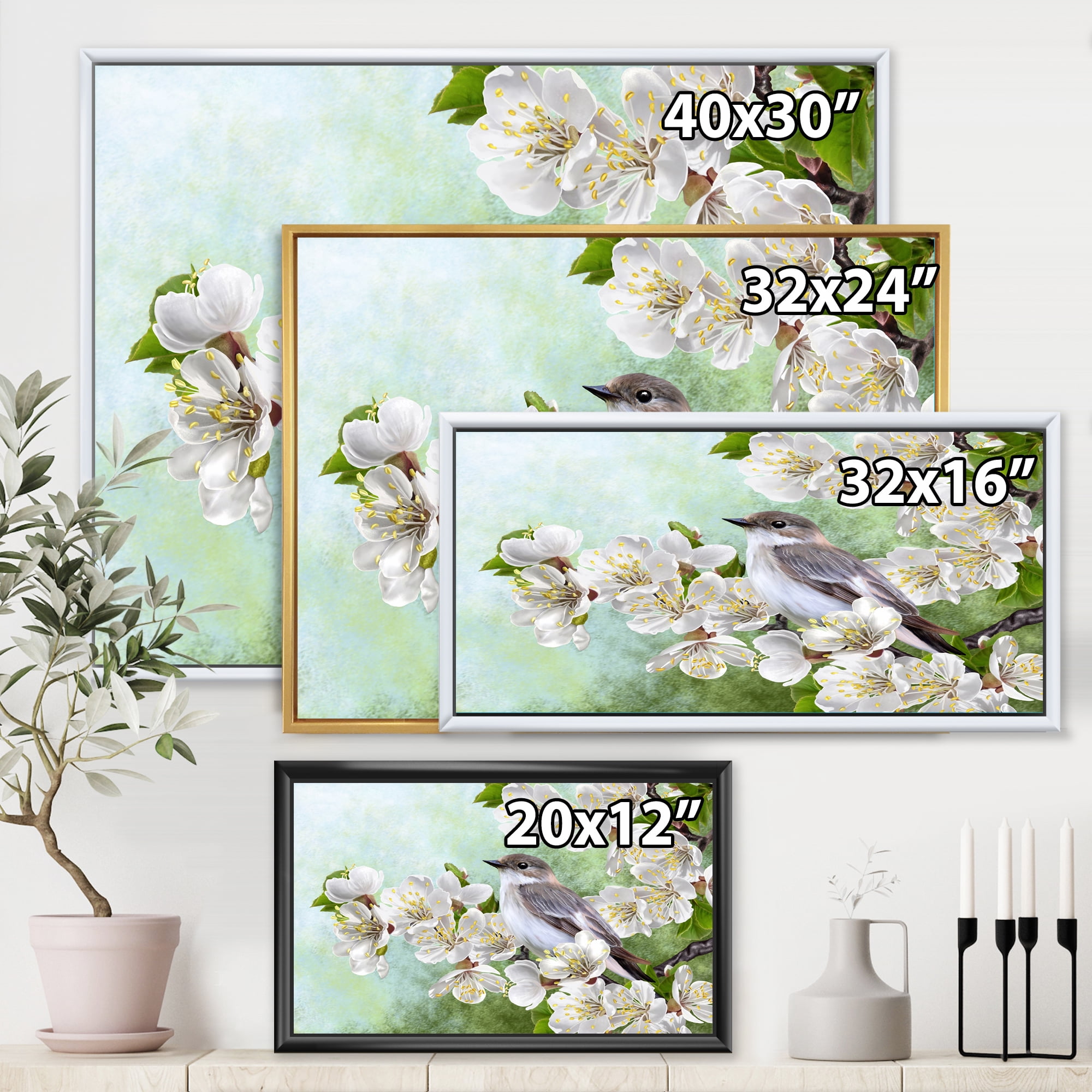 Gray Bird Sitting On A Branch of A Blossoming Tree 32 in x 16 in Framed Painting Canvas Art Print, by Designart