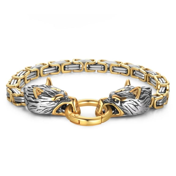 Jewmon Wolf Head Chain Bracelet for Mens Stainless Steel Bracelet Byzantine Chain Biker Jewelry Christmas Birthday Gifts for Him Dad Boyfriend