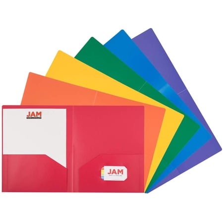 JAM PAPER Heavy Duty Plastic 2 Pocket Extra Tough School Folders - Assorted Primary Colors - 6/Pack