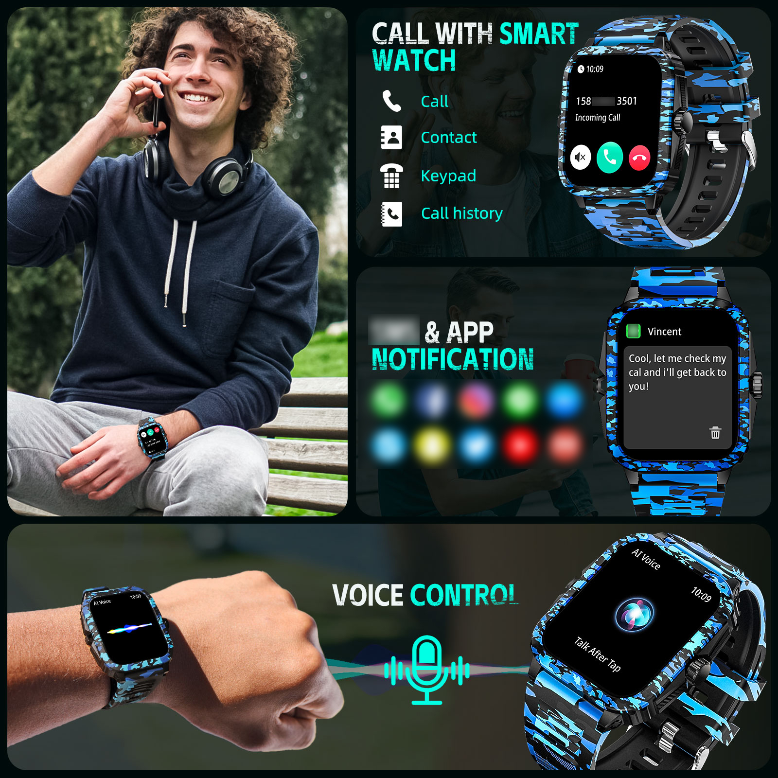 EIGIIS KT71 Smart Watch for Men, 1.96'' Big Screen 3ATM Waterproof Rugged Outdoor Smartwatch with Sports Swimming Watch for Android iOS, 1pc