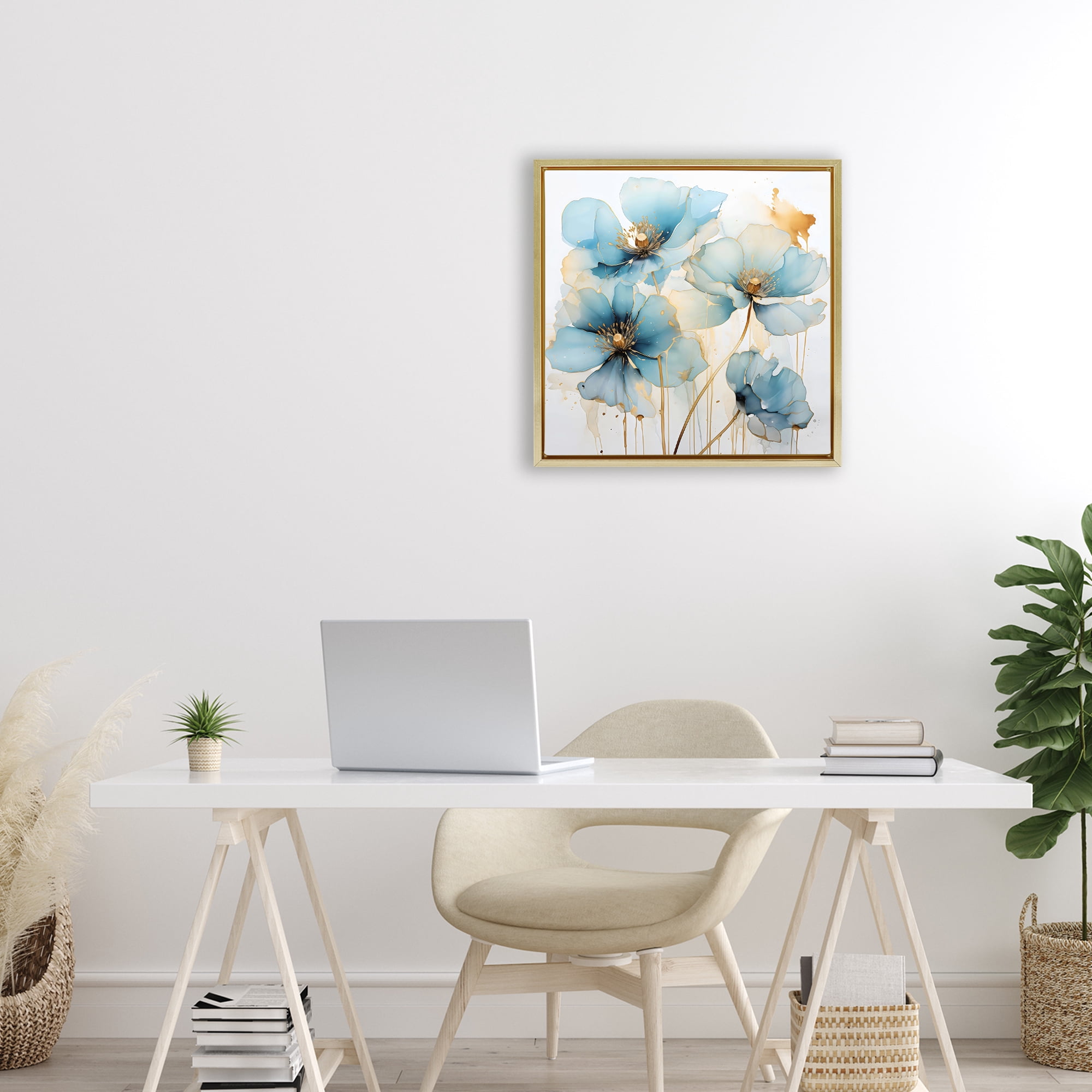 Stupell Industries Sapphire and Gold Florals Gold Framed Floater Canvas Wall Art, design by Creative Studio