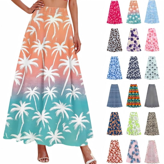 Tqcoqu Printed Maxi Skirts for Women High Waist Elastic A-Line Casual Wide Leg Long Skirt Casual Summer Beach Skirt,Hot Pink Women's S-XXXL
