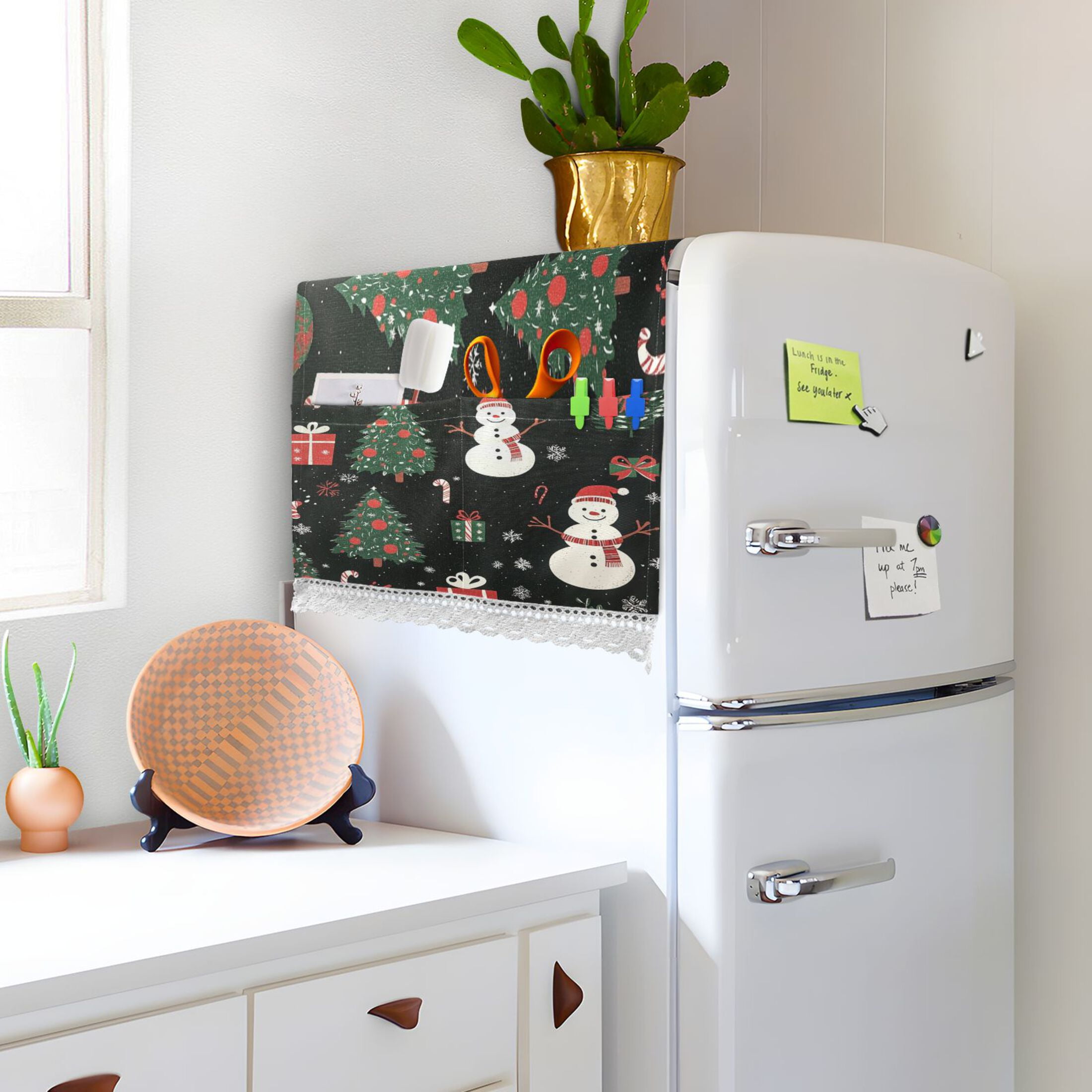 Snowmen and Christmas TreeWasher and Dryer Covers Dust-Proof and Oil Resistant Fridge Cover with 4 Storage Pockets Washing Machine Top Cover for Laundry Kitchen Home 51.2 x 22 In