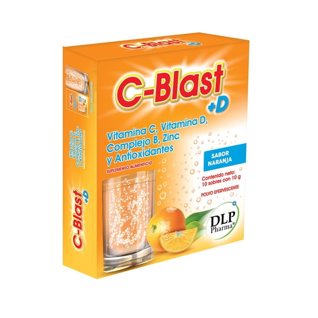 C-Blast + D Vitamina C, Vitamina D, Complejo B, Zinc y Antioxidantes Polvo Efervescente Sabor Naranja (caja con 10 sobres)