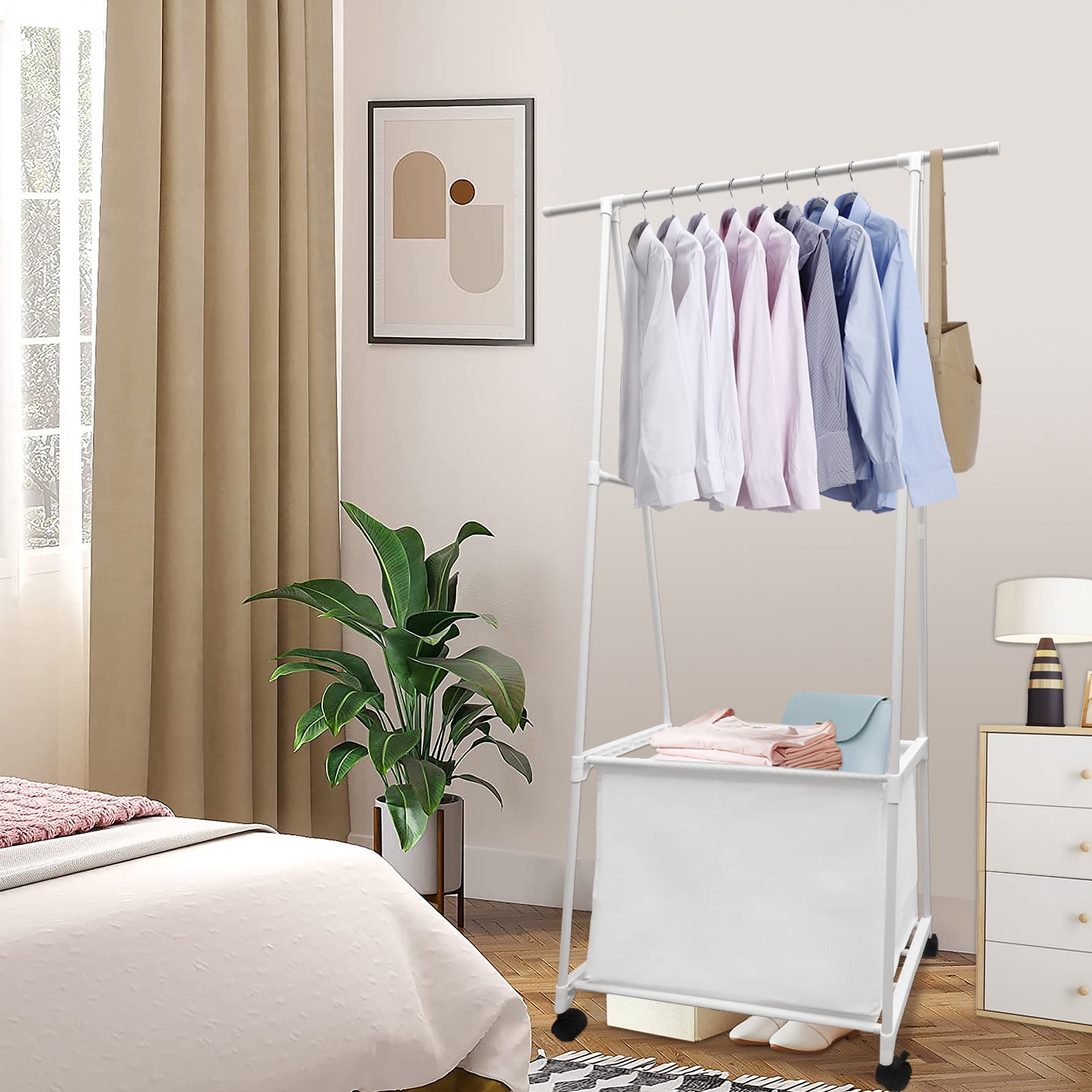Clothes Rack, Triangle Garment Rack W/Large Storage Bag, Clothes Storage Organizer on Wheels, Portable Laundry Coat Rack, Closet Clothing Rack for Home Dorm, White