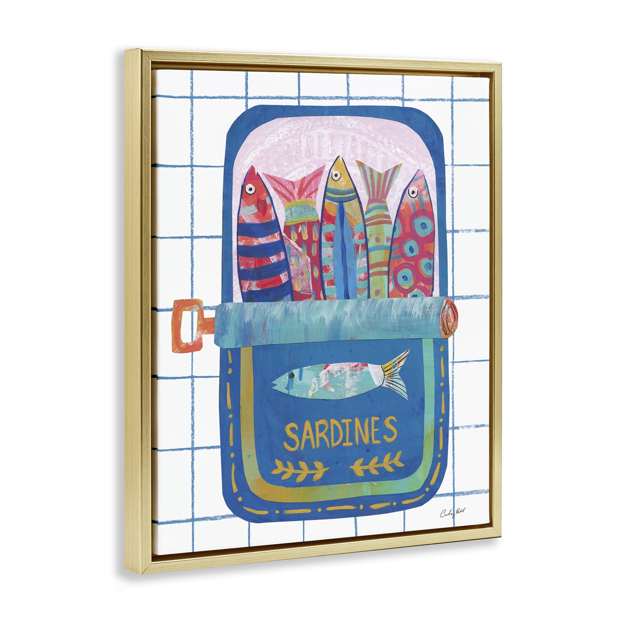 Stupell Industries Silly Sardines Blue Tin Gold Framed Floater Canvas Wall Art, design by Courtney Prahl