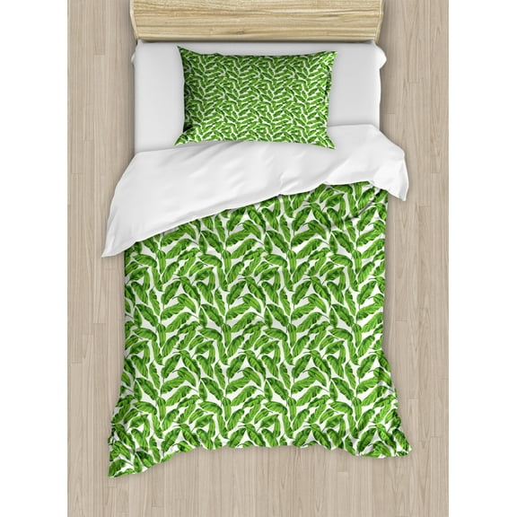 Banana Leaf Twin Size Duvet Cover Set, Vibrant Foliage from Madagascar Island Lively Green Nature Themed Art, Decorative 2 Piece Bedding Set with 1 Pillow Sham, Lime Green White, by Ambesonne