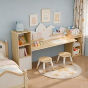 Guqiart Kids Desk and Chair Set with 5 Storage Cabinets, 71 Wooden Study Drawing Table with Bookshelves