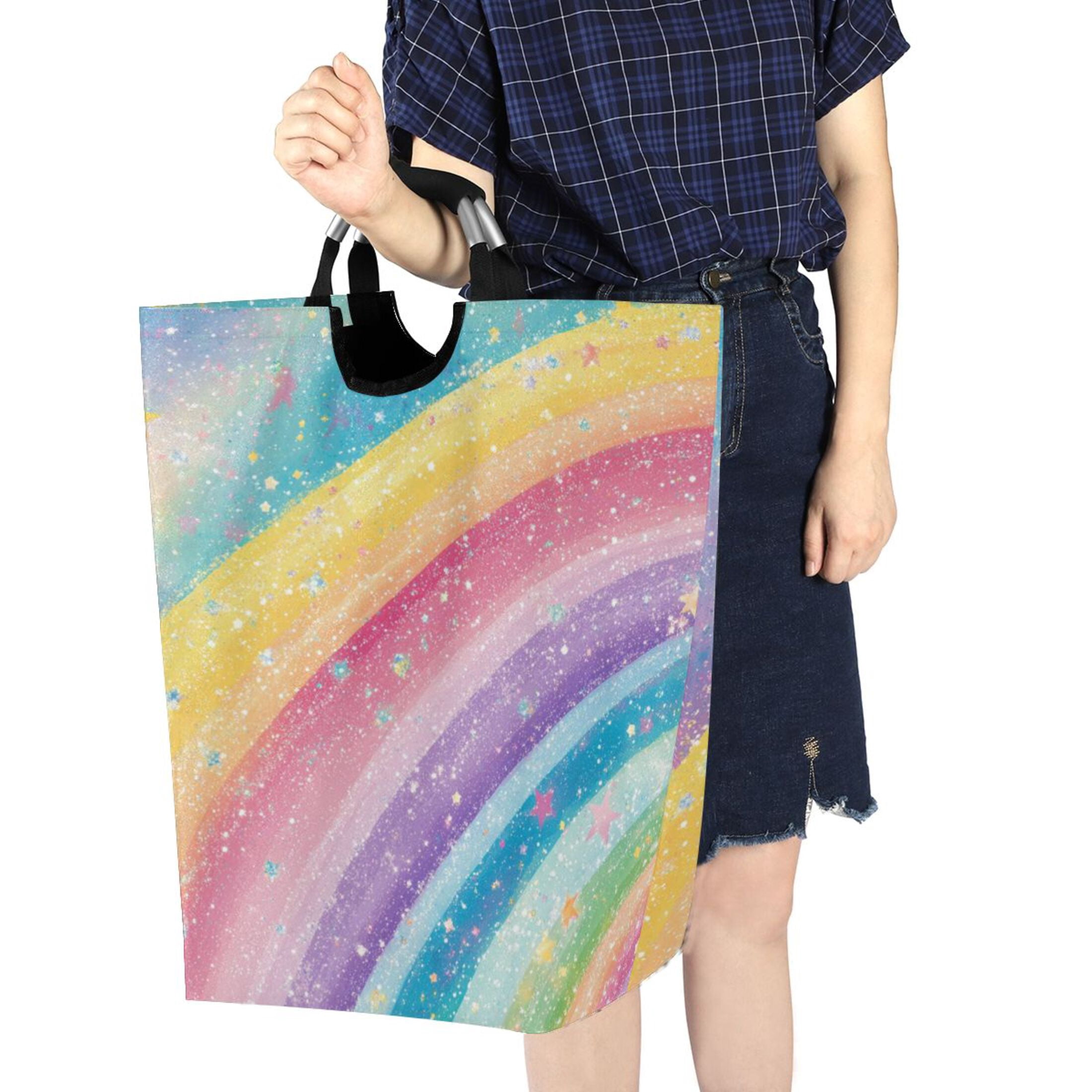 Laundry Basket Collapsible Laundry Basket Hamper with Handles for Dorm Clothes Toy Storage Glittery Rainbow