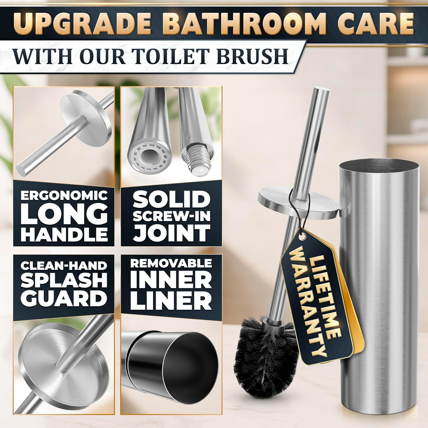 Silver Toilet Brush and Holder Set - Brushed Stainless Steel Gold Toilet Bowl Brush and Holder with Replacable Head, Removable Inner Bowl, and Splash Protection - Dense Bristles for Through Cleaning