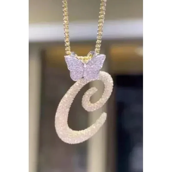 14K Yellow Gold Plated 2TCW Round Cut Moissanite Custom Butterfly Letter Pendant 2 inch