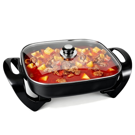 12-Inch Extra-Deep Cast Iron Skillet with Lid | Nonstick Electric Frying Pan with Glass Vented Lid | Fast Heating Adjustable Temperature for Kitchen