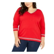 TOMMY HILFIGER Womens Red Long Sleeve V Neck Top Plus Size: 3X