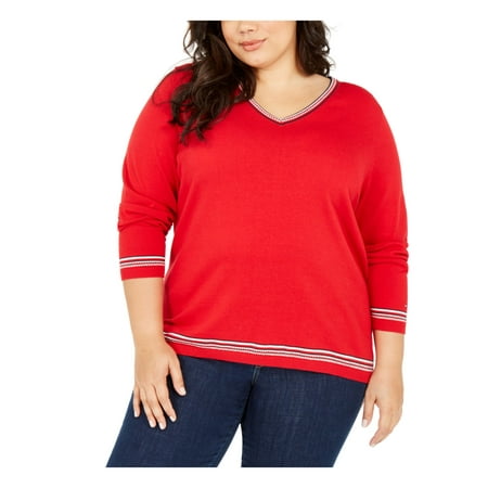 TOMMY HILFIGER Womens Red Long Sleeve V Neck Top Plus Size: 3X