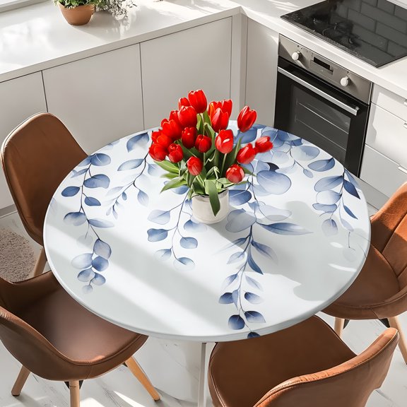 Eucalyptus Leaves Elastic Fitted Round Tablecloth Blue Leaf Plant Waterproof Outdoor Table Cover for Holiday Party, Picnic, Patio & Dining Fits Tables Up to 36"-44"